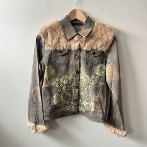 Hazel Button Up Jacket with Real Fur and Green Lace Detailing